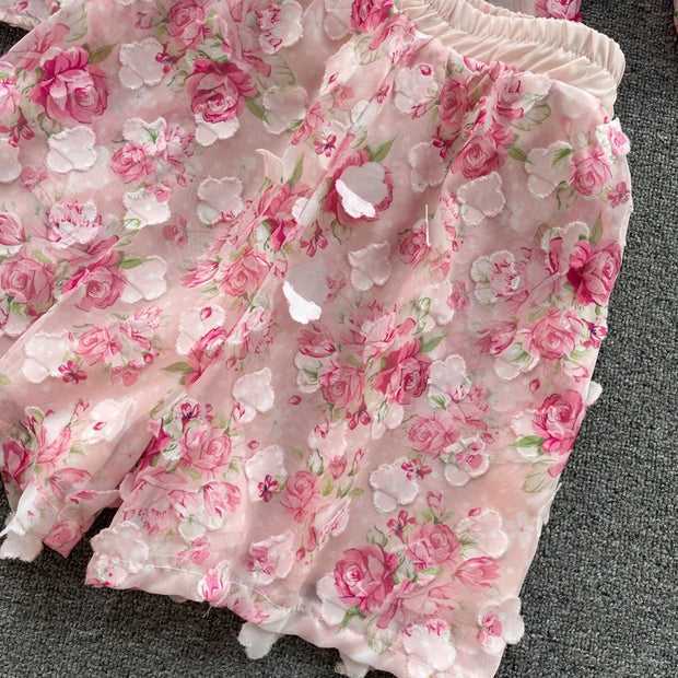 Sweet Appliqued Floral Blouse Suit Two Piece for Women