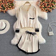 Long-sleeved V-Neck Knitted Cardigan Wide Leg Short Pants Suits Women