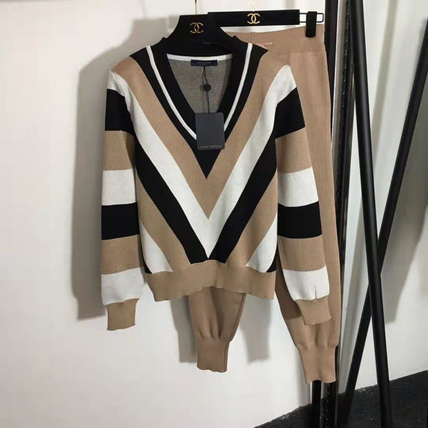 Long Sleeve V-Neck Stripe Sweaters 2 Piece Sets Women