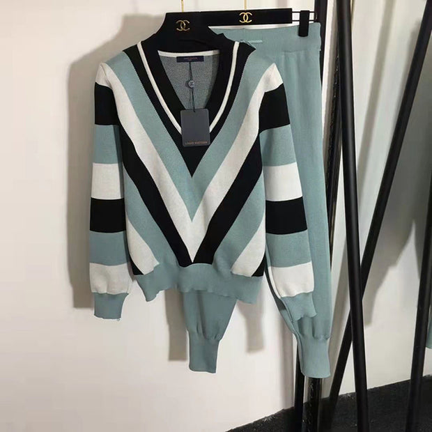 Long Sleeve V-Neck Stripe Sweaters 2 Piece Sets Women